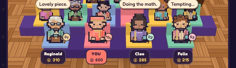 Pixel-art bidders in coloured seats: Reginald, you, Cleo and Felix, with their purses under each seat.