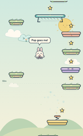 Peach bouncing among grass platforms, stars, clouds and a giant trampoline in the game